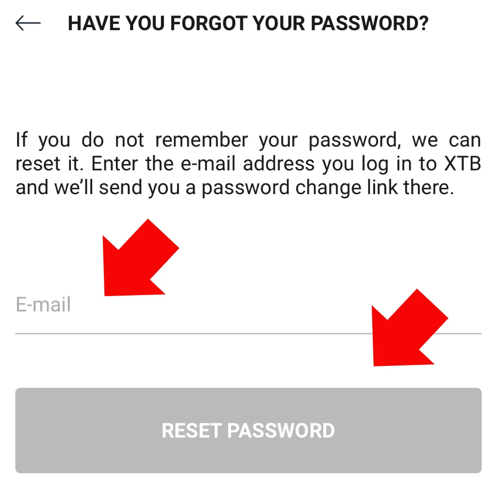 Điền thông tin và chọn Reset để được cấp lại mật khẩu XTB account