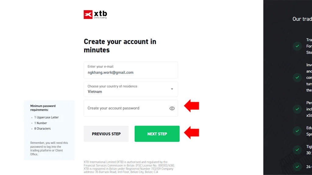 Thiết lập mật khẩu tài khoản XTB